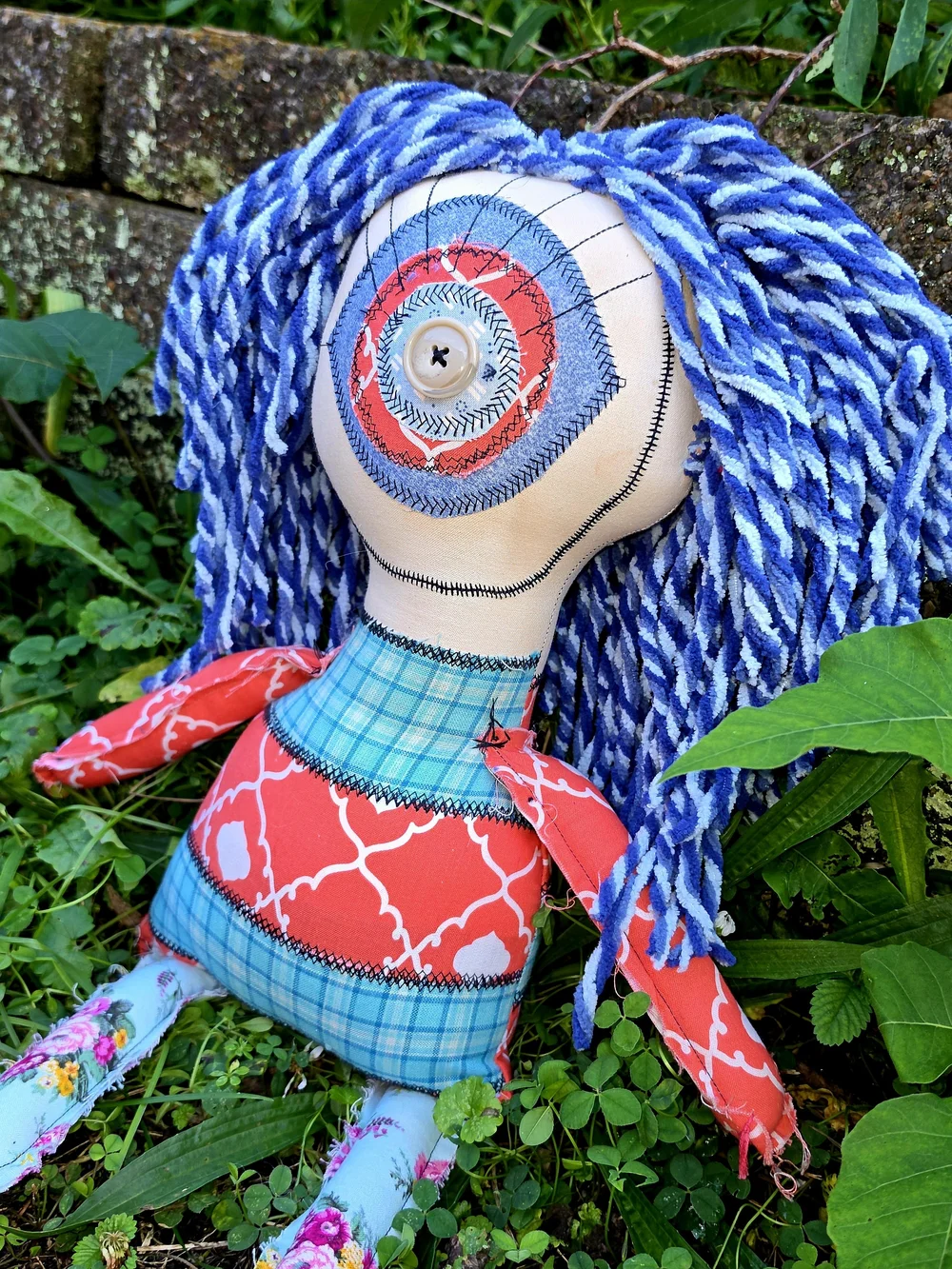 OOAK Handmade Art Doll Moxie Blue | Dumpster Dollies Creepy Cute Rag Doll